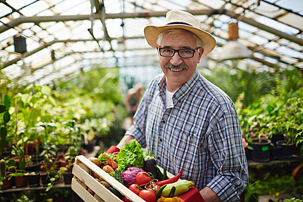 Farmer in greenhouse smiling at the camera