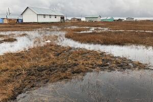 Waterlogged tundra in the foreground, community buildings in the background. The water sits in large pools on the flat land.