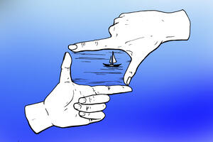 The illustration shows two hands forming a frame. Inside the frame you can spot a boat on a body of water. The background is a light blue that goes into a dark blue.