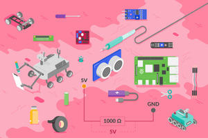 Several images representing parts of the course, including a Raspberry Pi, an ultrasonic distance sensor, a robot buggy, and electronics