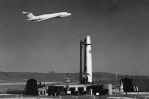 The RAF in the Cold War: a Victory plane flying behind a Thor missile, c.1960