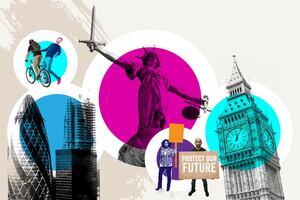 A stylised decorative image, containing images relating to law such as the London skyline, protestors, Lady Justice, and a cyclist barely missing a pedestrian.