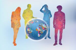 Microbial community: Humans in the team looking at the globe, all made from bacteria