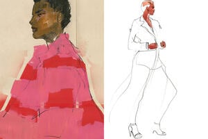 Two sketched side by side displaying fashion product designs on models.