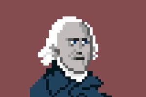 An NFT pixelated style image of a man with white hair and blue jacket in a brown background.