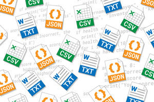 Icons representing CSV, TXT and JSON files, overlaid over some python code
