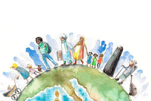 A drawn image of people walking across a globe