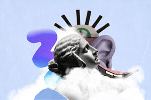 An illustration montage of a grey ancient greek statue with only the face, eye-closed, with the background of a coloured cut out of a ear, a mouth and an eye in a blue background, also some cloud effect in the front