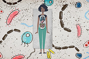 a drawing of a women with her internal organs drawn on top of her body, surrounded by drawings of microbes