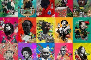 A grid of 15 colourful illustrations of different people who have contributed to Africa's history over a span of 5000 years.