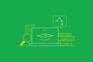 Illustrations of a laptop, a graduation hat, a calendar, a pile of books and a magnifying glass on a bright green background.