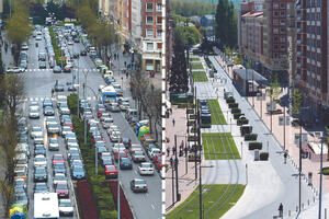 A photo showing a street in Vitoria-Gasteiz before and after changes to infrastructure to improve urban mobility. Images -  Environmental Studies Centre, Vitoria-Gasteiz City Council
