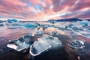 Icebergs with sunset skies