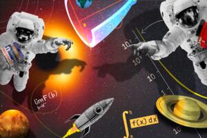 An abstract image in outer space featuring elements such as: a black hole, two dogs in space suits holding jars of peanut butter, 3 planets, a rocket, 2 graphs, two formulas and several stars.