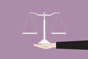 An illustration of a hand holding an equal-arm balance to represent the rule of law.