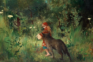 A painting of Little Red Riding Hood walking into a forest with a wolf alongside her.
