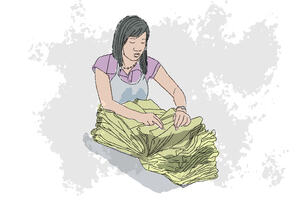 Illustration of a woman worker in the textile industry. She is counting pieces of garments