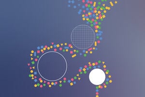 An abstract image to represent data analytics with 3 circles, one with a thin outline only, one filled with a solid white and another one with white net pattern. They are surrounded by mini icons with stars, rectangles and triangles in different colours. 