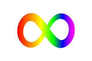 A rainbow coloured infinity symbol which represents neurodiversity and autism acceptance.