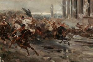 A painting of barbarians on horseback fleeing a city