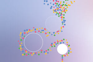An abstract image to represent data analytics with 3 circles, one with a thin outline only, one filled with a solid white and another one with white net pattern. They are surrounded by mini icons with stars, rectangles and triangles in different colours. 