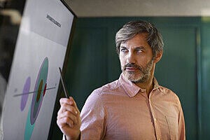 Man pointing at a chart on a big screen.